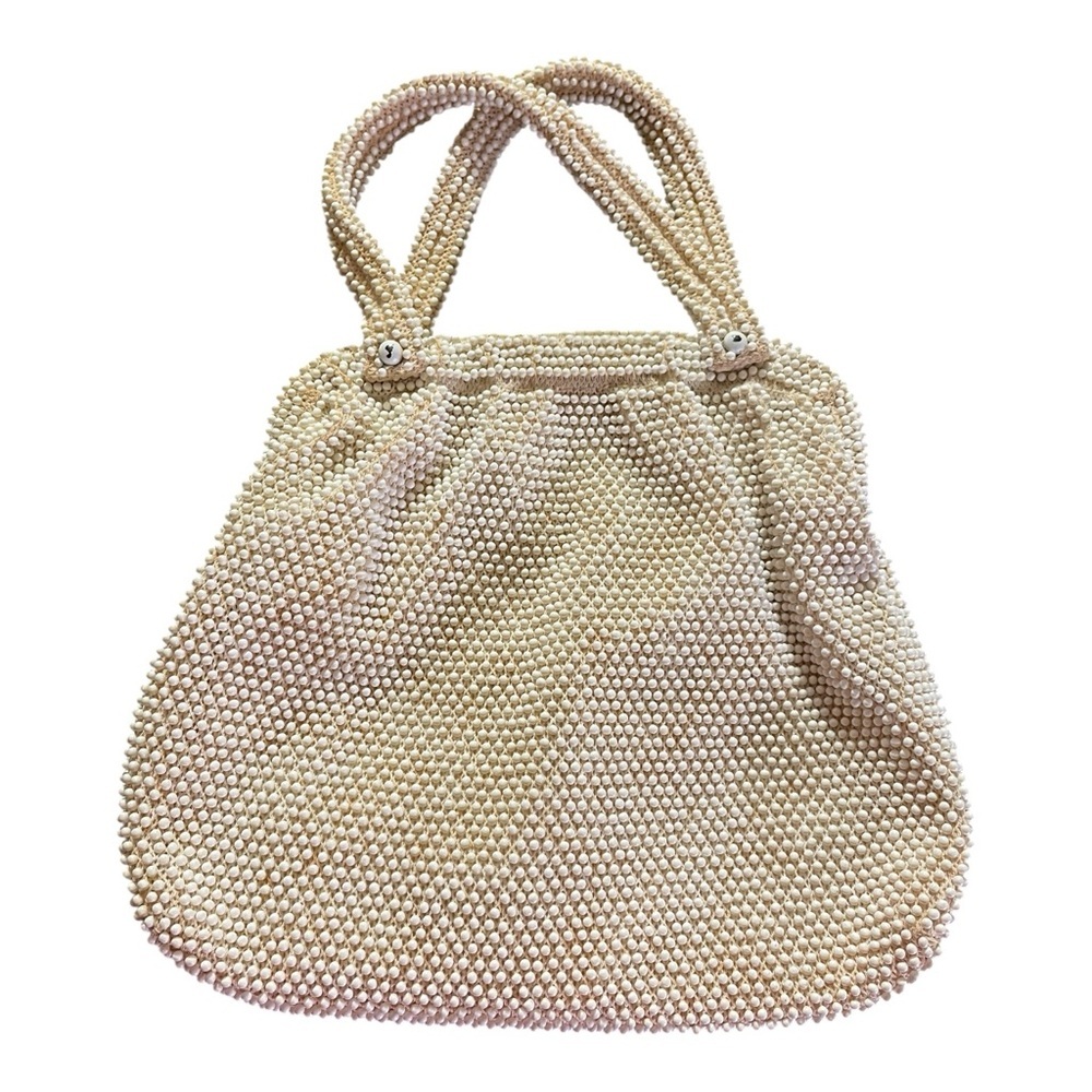 Vintage CordeBead Cream Bag w/Mirror Wallet Beige Magnetic Closure